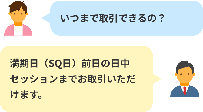 いつまで取引できるの?・満期日(SQ日)前日の日中セッションまでお取引いただけます。