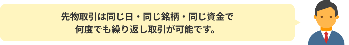 先物取引は同じ日・同じ銘柄・同じ資金で何度でも繰り返し取引が可能です。