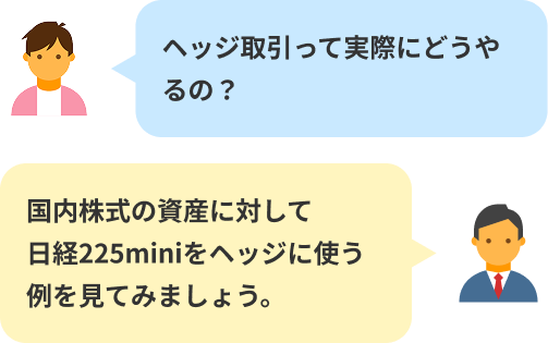 ヘッジ取引って実際にどうやるの?国内株式の資産に対して
日経225miniをヘッジに使う例を見てみましょう。