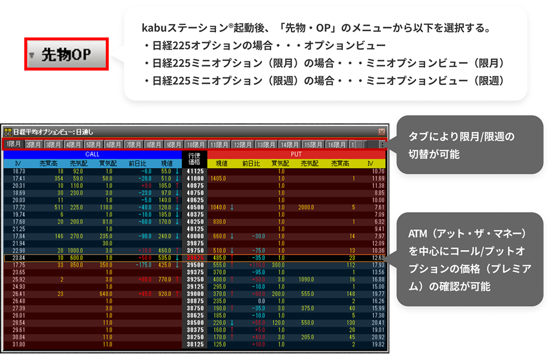 kabuステーション®のオプションビューでオプションの価格（プレミアム）を確認