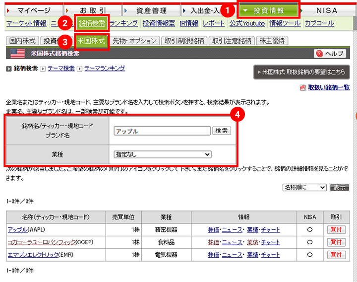 三菱UFJ eスマート証券の米国株式銘柄検索画面