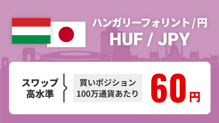 ハンガリーフォリント/円（HUF/JPY）スワップ高水準 買いポジション100万通貨あたり60円で提供中