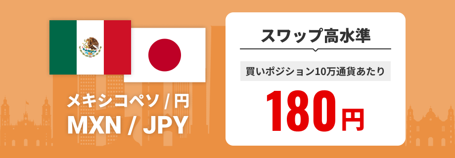メキシコペソ/円（MXN/JPY） スワップ高水準 買いポジション10万通貨あたり180円で提供中
