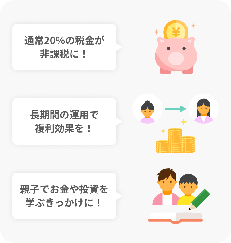 通常20%の税金が非課税に!長期間の運用で複利効果を!親子でお金や投資を学ぶきっかけに!