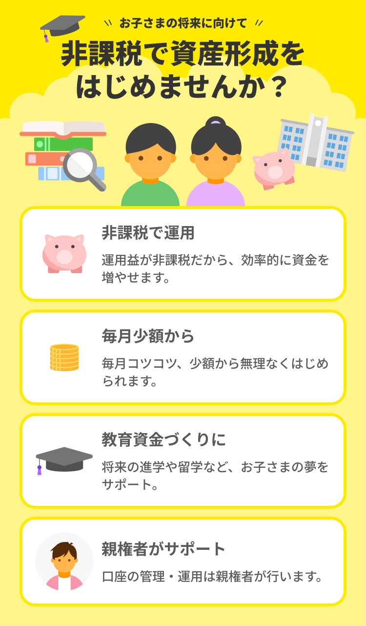 お子さまの将来に向けて非課税で資産形成をはじめませんか?非課税で運用・毎月少額から・教育資金づくりに・親権者がサポート。