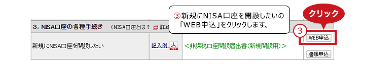 ③新規にNISA口座を開設したいので、「書類申込」をクリックします。
