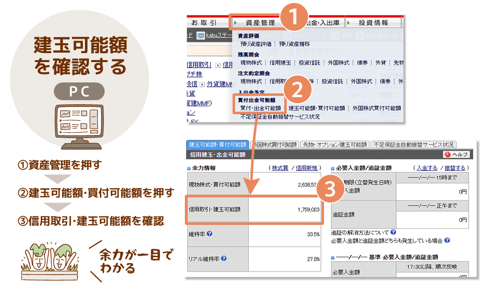 建玉可能額の確認方法 PC