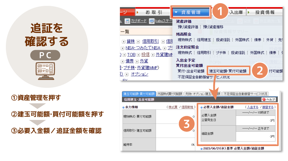 追加保証金の確認方法 pc