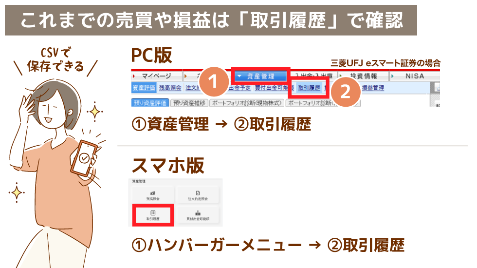 これまでの売買や損益は「取引履歴」で確認