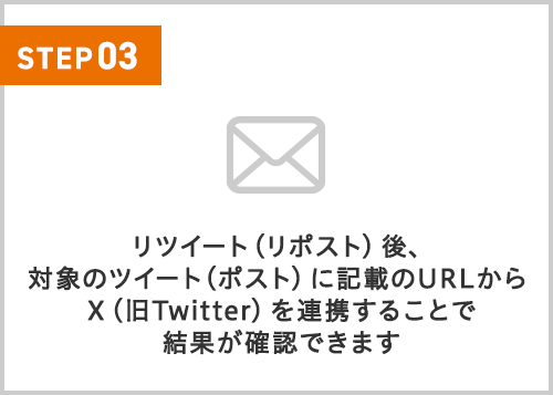 リツイート（リポスト）後、対象のツイート（ポスト）に記載のURLからX（旧Twitter）を連携することで結果が確認できます。