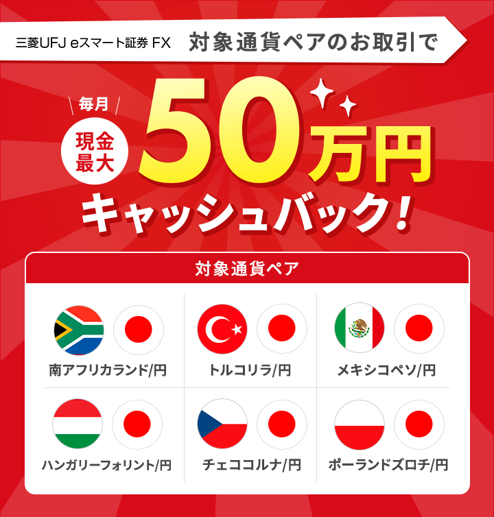 三菱UFJ eスマート証券 FX 「高金利通貨ペア」のお取引で毎月現金最大50万円キャッシュバック