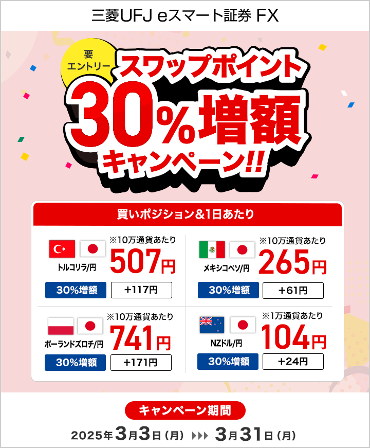 【三菱UFJ eスマート証券 FX】スワップポイント30％増額キャンペーン（要エントリー）