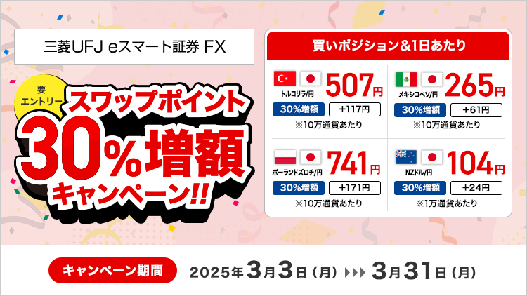 【三菱UFJ eスマート証券 FX】スワップポイント30％増額キャンペーン（要エントリー）