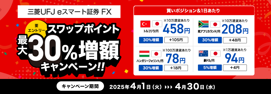 【三菱UFJ eスマート証券 FX】スワップポイント最大30%増額キャンペーン(要エントリー)