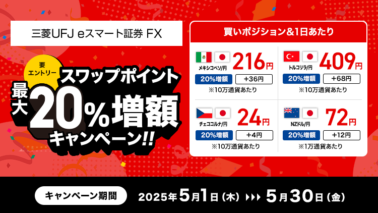 【三菱UFJ eスマート証券 FX】スワップポイント最大20％増額キャンペーン（要エントリー）