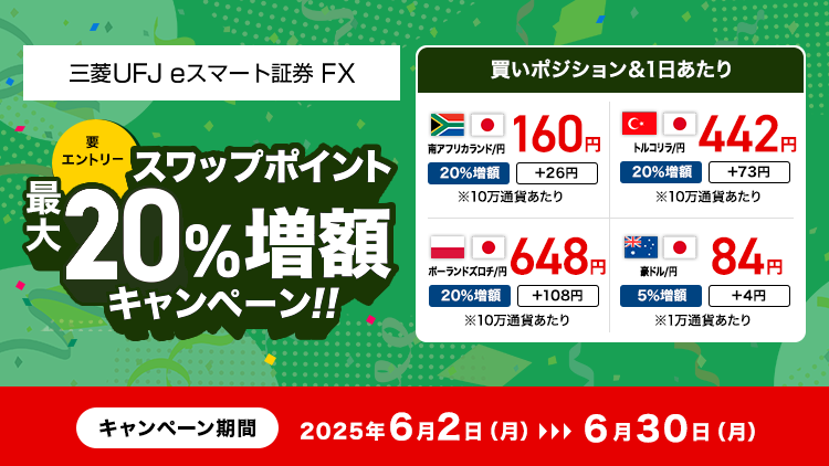 【三菱UFJ eスマート証券 FX】スワップポイント最大20％増額キャンペーン（要エントリー）