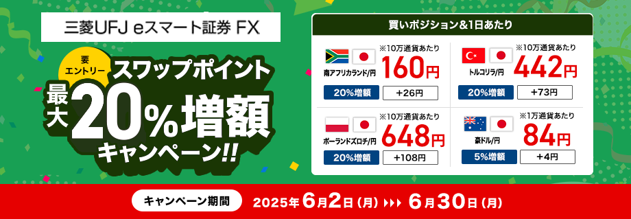 【三菱UFJ eスマート証券 FX】スワップポイント最大20%増額キャンペーン(要エントリー)