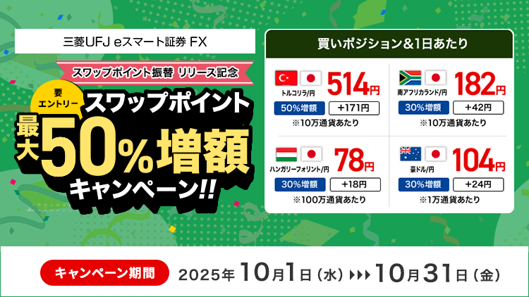 【三菱UFJ eスマート証券 FX】スワップポイント最大30%増額キャンペーン（要エントリー）