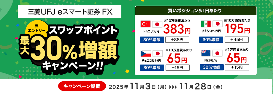 【三菱UFJ eスマート証券 FX】スワップポイント最大30%増額キャンペーン（要エントリー）