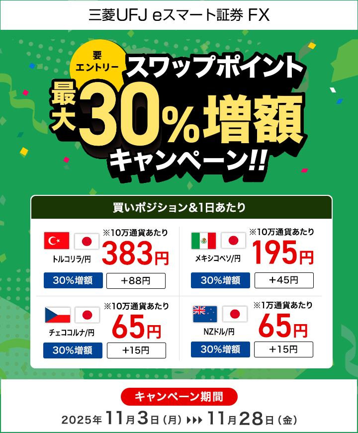 【三菱UFJ eスマート証券 FX】スワップポイント最大30%増額キャンペーン（要エントリー）