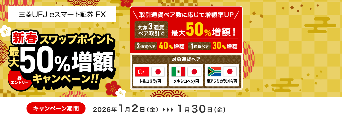 【三菱UFJ eスマート証券 FX】スワップポイント最大50％増額キャンペーン（要エントリー）