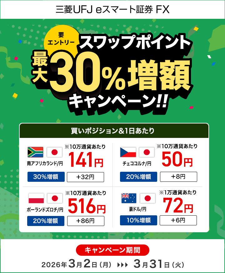 【三菱UFJ eスマート証券 FX】スワップポイント最大30％増額キャンペーン（要エントリー）