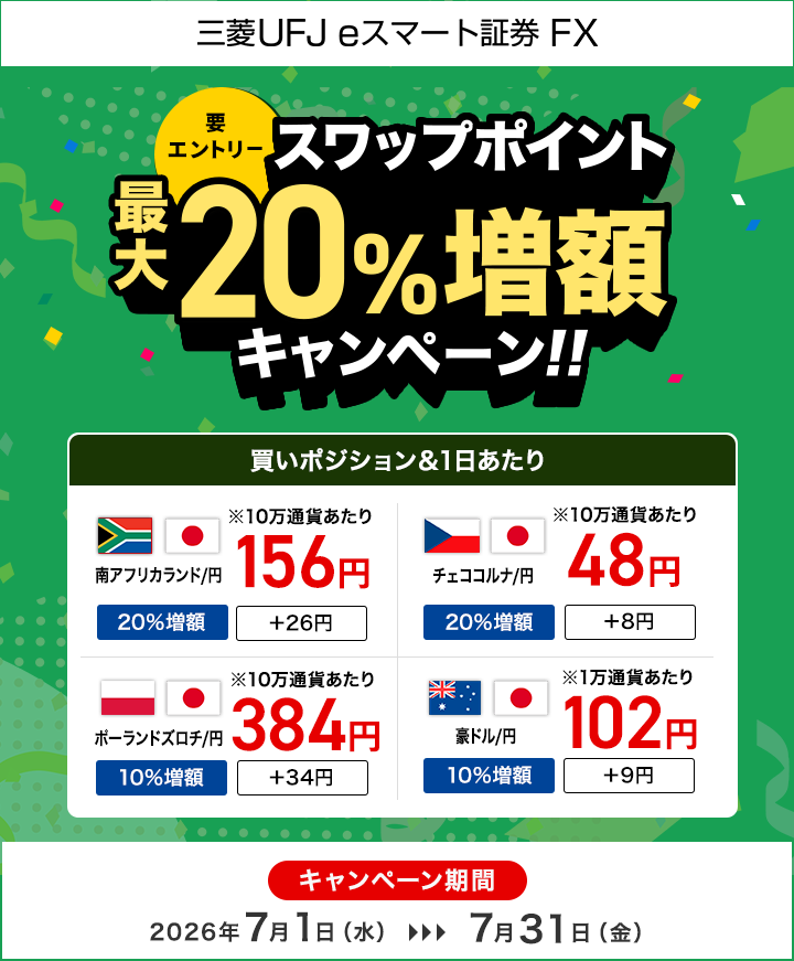 【三菱UFJ eスマート証券 FX】スワップポイント最大20%増額キャンペーン(要エントリー)