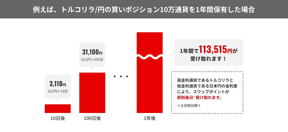 例えば、トルコリラ/円の買いポジション10万通貨を1年間保有した場合