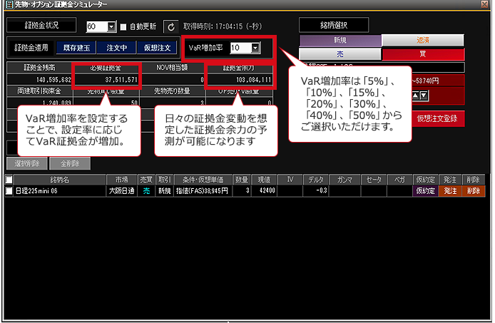 VaR増加率を設定することで、設定率に応じてVaR証拠金が増加。日々の証拠金変動を想定した証拠金余力の予測が可能になります。VaR増加率は「5%」、「10%」、「15%」、「20%」、「30%」、「40%」、「50%」からご選択いただけます。