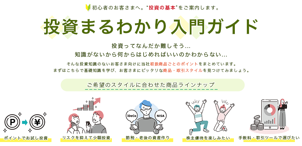 初心者のお客さまへ。“投資の基本”をご案内します。投資まるわかり入門ガイド