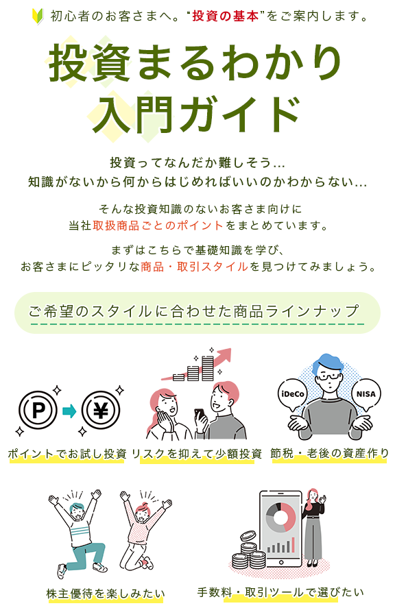 初心者のお客さまへ。“投資の基本”をご案内します。投資まるわかり入門ガイド