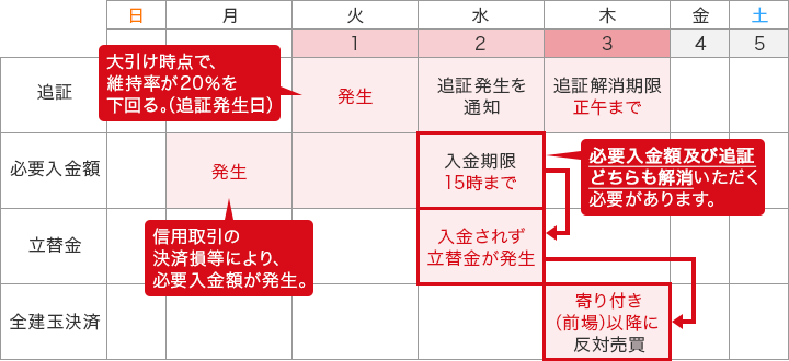 信用取引で追証・決済損等の未入金があった場合の対応スケジュール例 維持率20%を下回り、立替金が発生している例