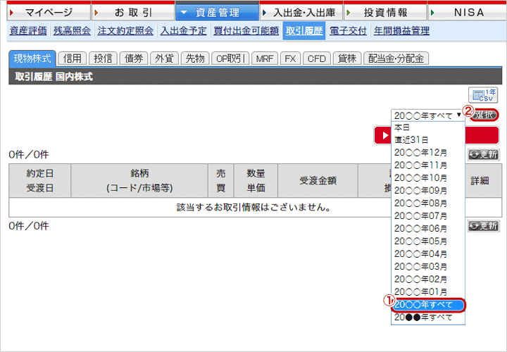 プルダウンメニューで20○○年全てを選択。