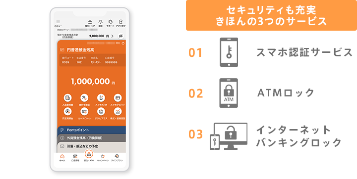 セキュリティも充実 きほんの3つのサービス スマホ認証サービス ATMロック インターネットバンキングロック