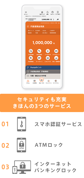 セキュリティも充実 きほんの3つのサービス スマホ認証サービス ATMロック インターネットバンキングロック