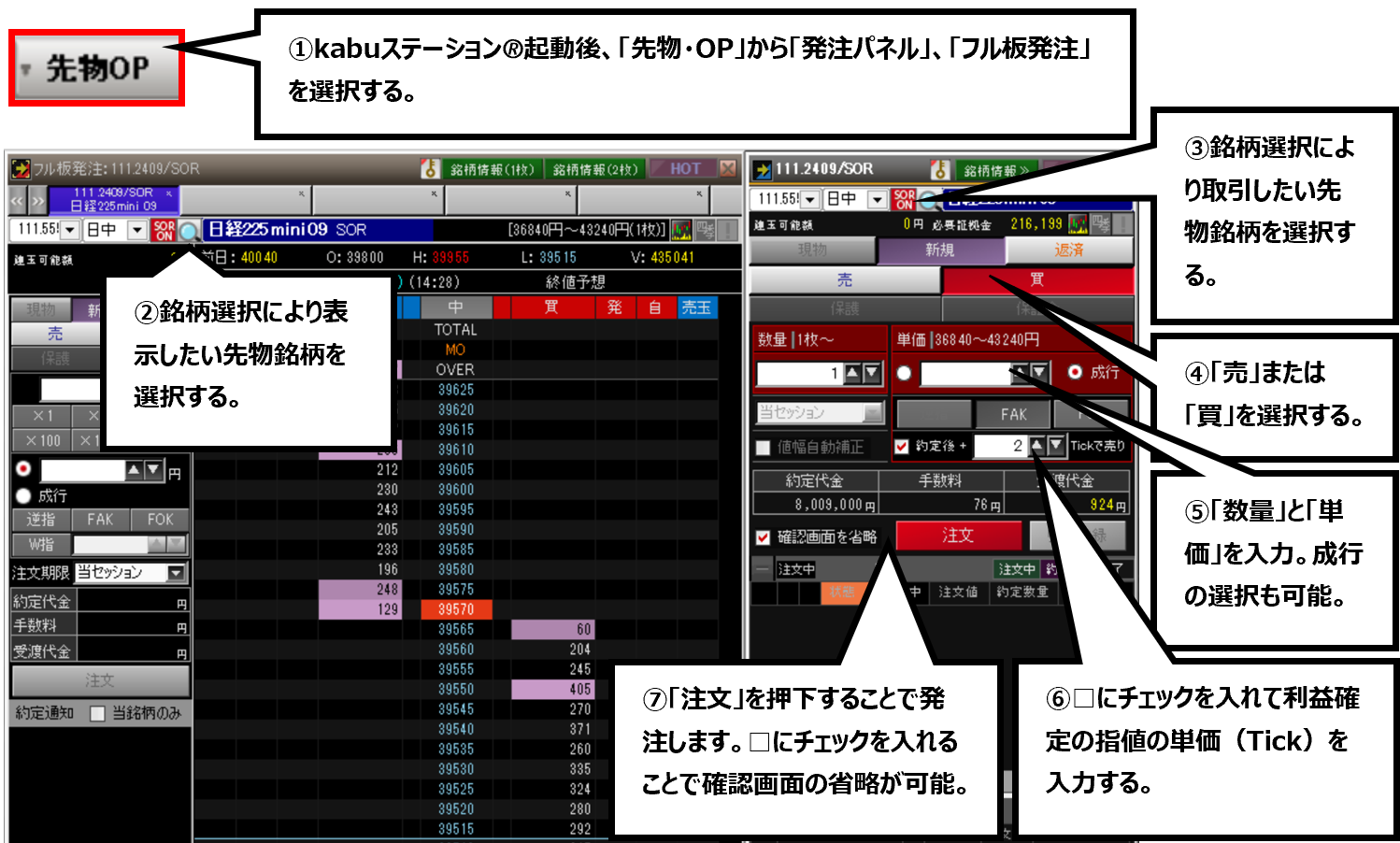三菱UFJ eスマート証券 先物取引 フル板＋発注パネル