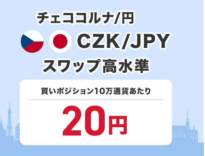 チェココルナ/円 CZK/JPY スワップ高水準 買いポジション1万通貨あたり70円で提供中