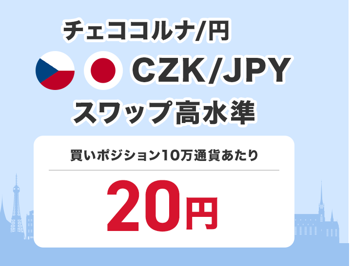 チェココルナ/円 CZK/JPY スワップ高水準 買いポジション1万通貨あたり110円で提供中