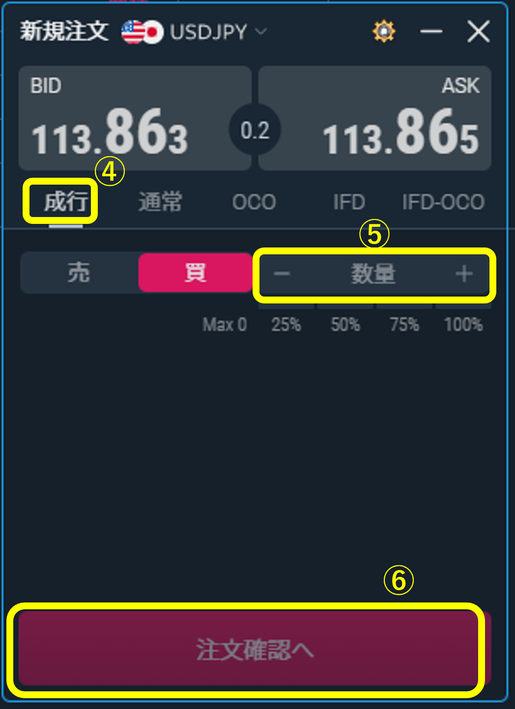 三菱UFJ eスマート証券 FX PCアプリ 新規取引（成行注文の場合）2