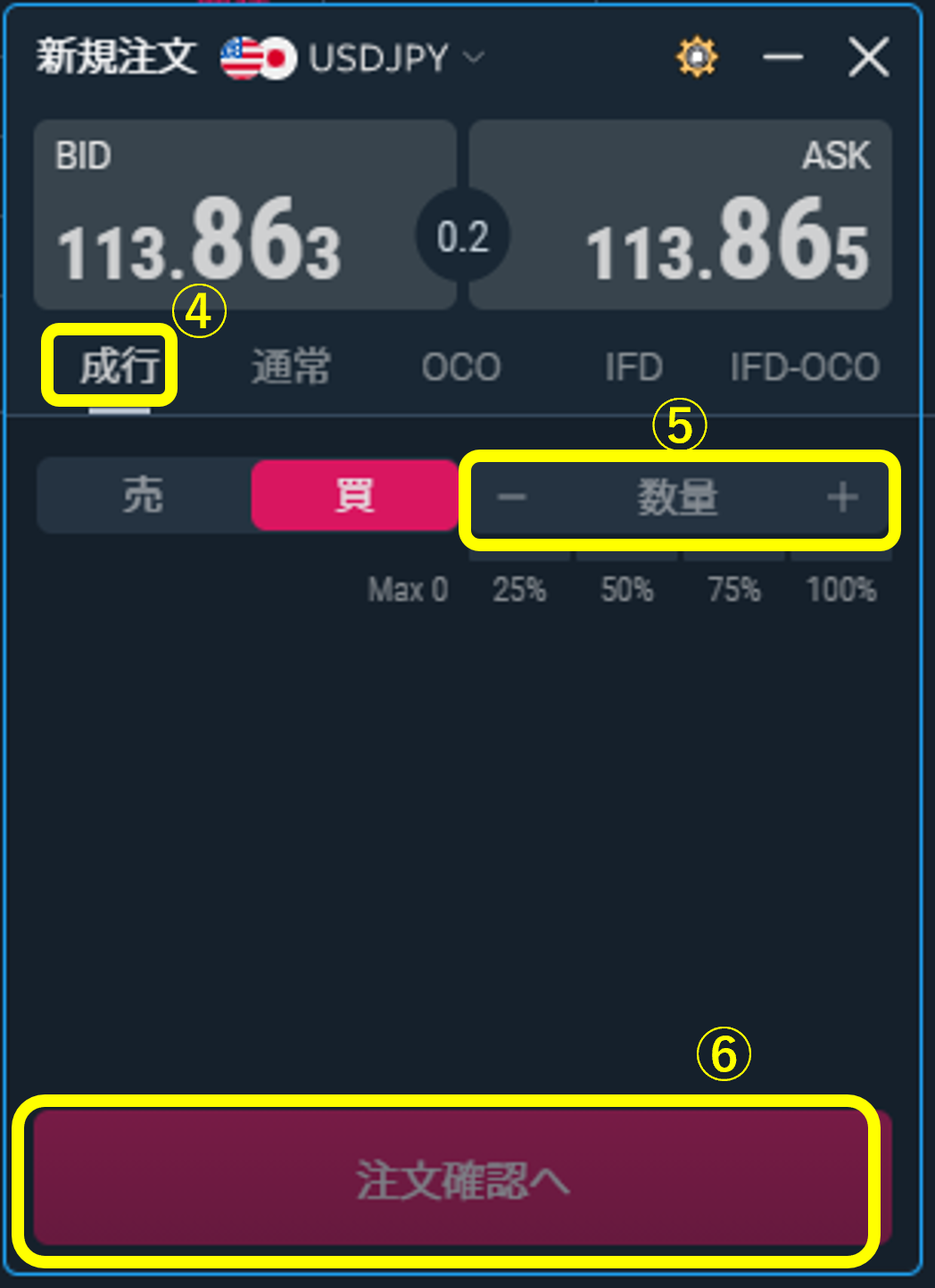 auカブコムFX PCアプリ 新規取引（成行注文の場合）2