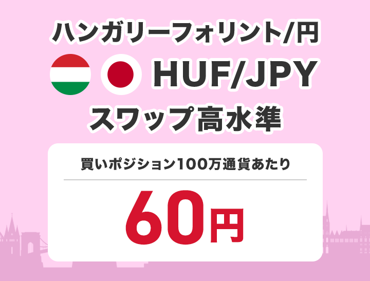 ハンガリーフォリント/円 スワップ高水準120円（買いポジション100万通貨あたり）で提供中