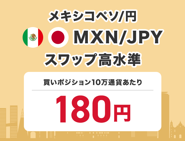 メキシコペソ/円 MXN/JPY スワップ高水準 買いポジション10万通貨あたり210円で提供中