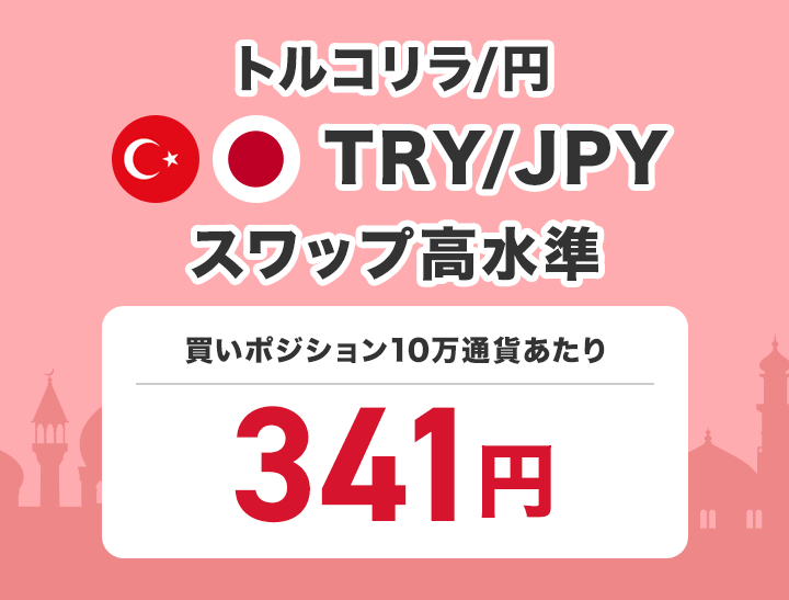 トルコリラ/円 TRY/JPY スワップ高水準 買いポジション1万通貨あたり388円で提供中