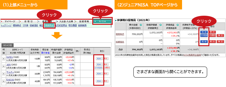 ジュニアNISAの残高を売却する「上部メニューから」「ジュニアNISA TOPページから」