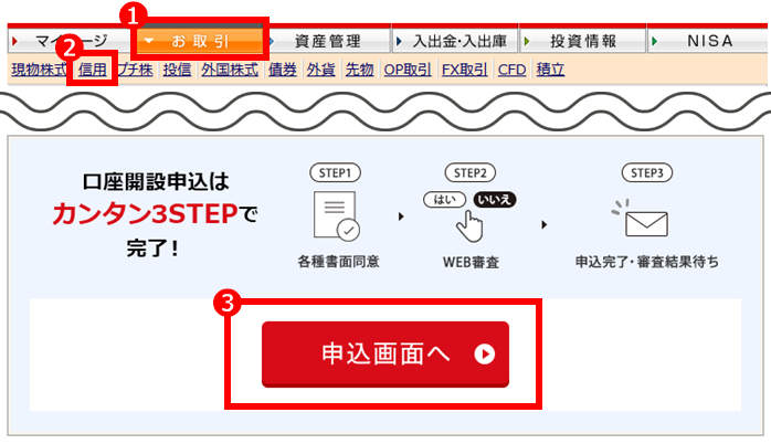 まずはログインを行い、信用取引口座のお申込手続きをしてください。
