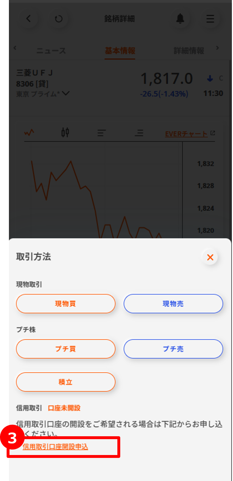 スマートフォン まずはログインを行い、信用取引口座のお申込手続きをしてください。
