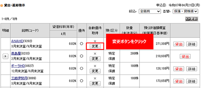 該当銘柄の「変更」ボタンを押下