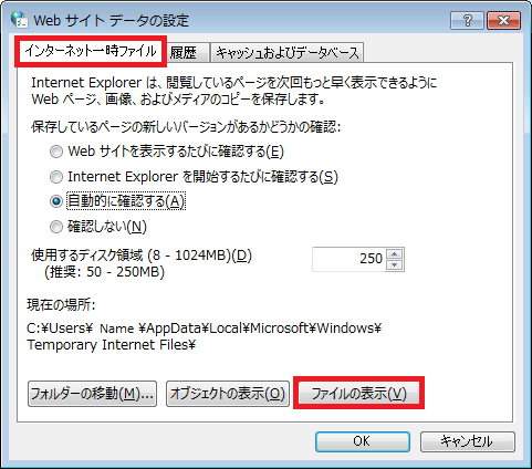 Webサイトデータの設定→「インターネット一時ファイル」タブ→「ファイルの表示」ボタンを押します。