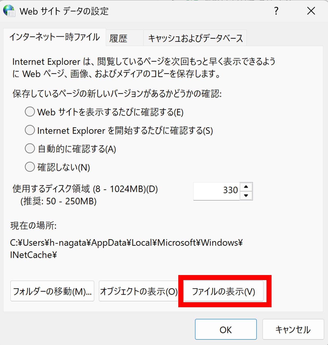 Webサイトデータの設定→「インターネット一時ファイル」タブ→「ファイルの表示」ボタンを押します。