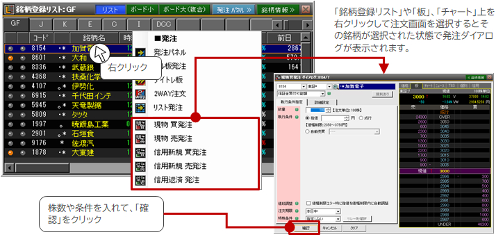 「先物リスト」や「板」、「チャート」上を右クリックして注文画面を選択すると、その銘柄が登録された状態で発注ダイアログ表示されます。